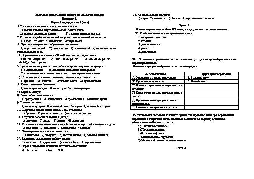 Контрольная по биологии 1 четверть 8 класс