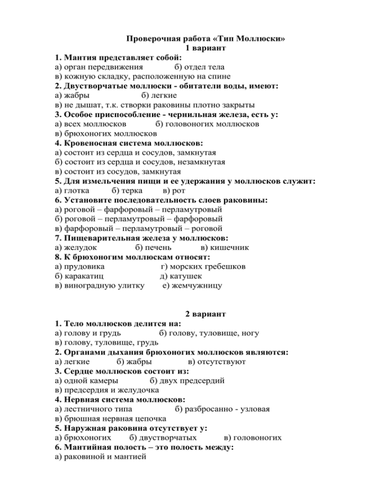 Тест по биологии для 7 класса на тему "моллюски" | doc4web.ru