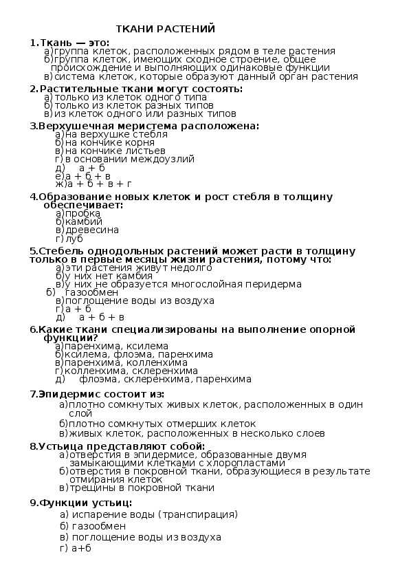 Тест: ткани растений