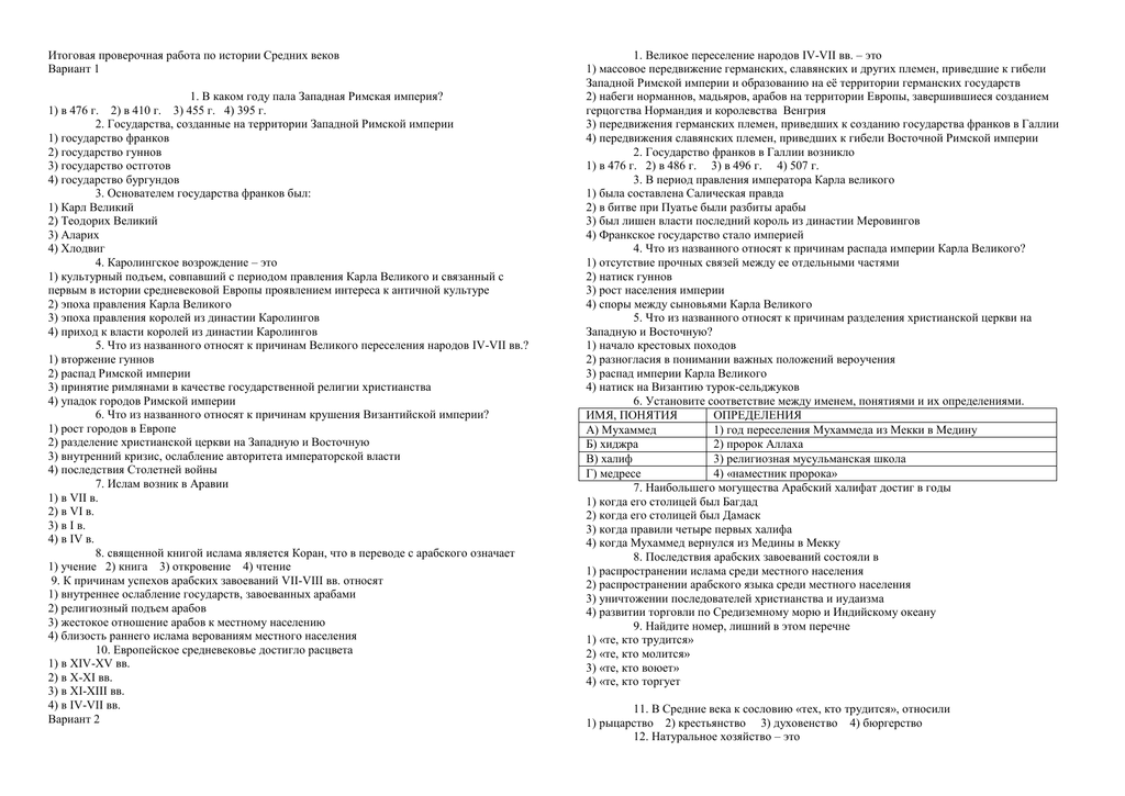 Итоговый тест по истории средних веков 6 класс