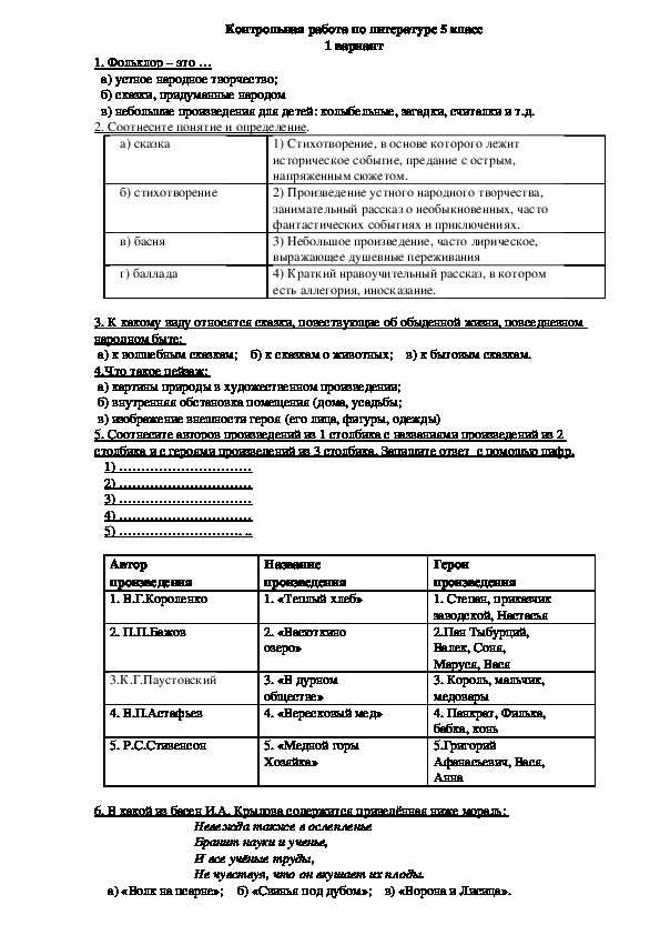 Итоговый тест за учебный год по литературе 8 класс