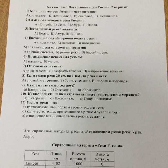 Всего 30 тестовых вопросов по теме Внутренние воды для 8 класса, с ответами Тесты для подготовки к контрольным и зачётным работам в школе по географии