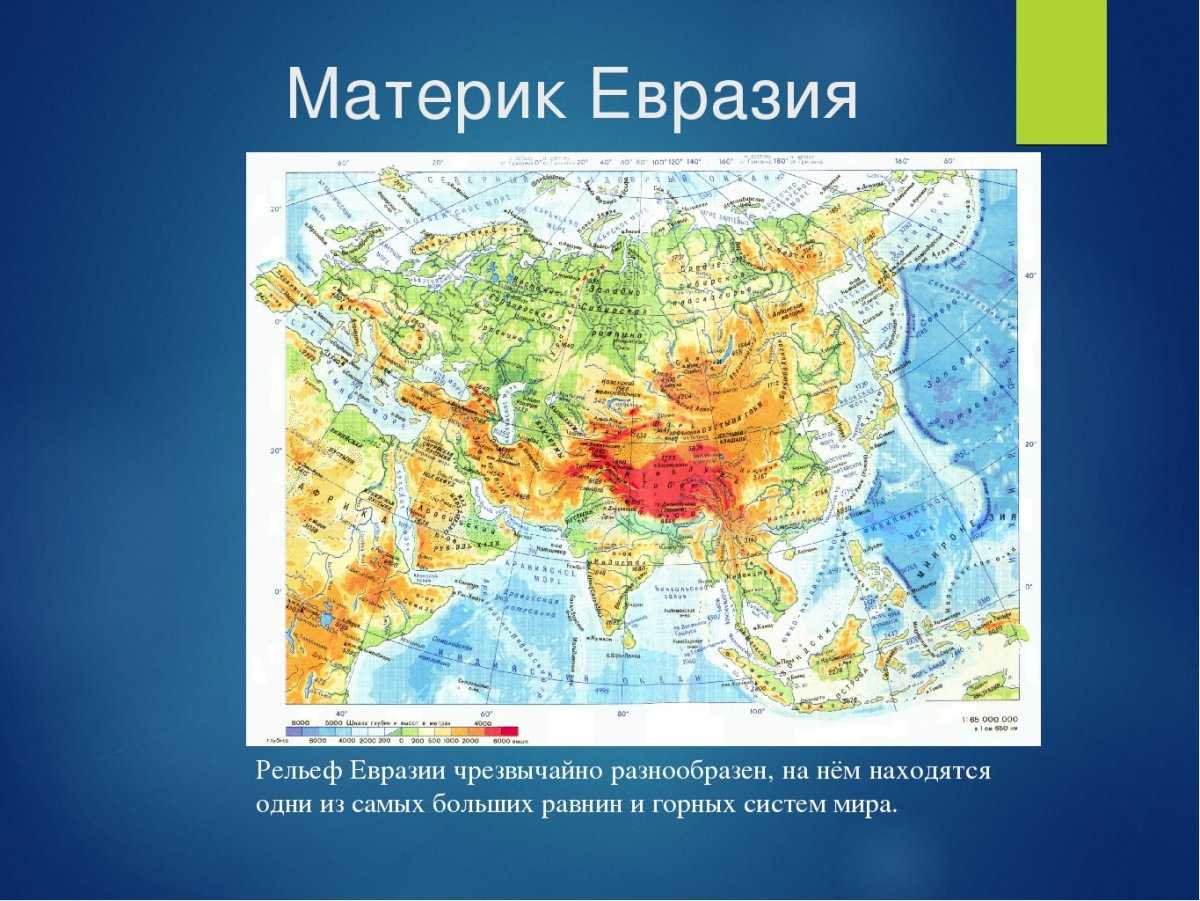 На каком материке находится восточная. Равнины Евразии на карте Евразии. Рельеф материка Евразия 5 класс. Евразия карта географическая рельеф. Средняя высота материка Евразия.