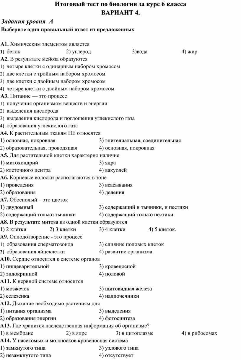 Итоговый годовой тест по биологии за курс 9 класса