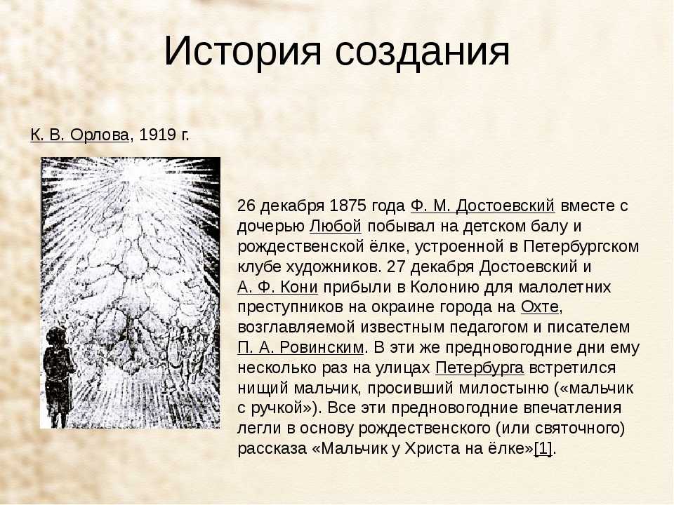 Достоевский на канун нового 1876 года с маленькой дочкой отправляется на Елку, организованную клубом художников Там он встречает недалеко нищего мальчика, все это он запишет в Дневнике писателя