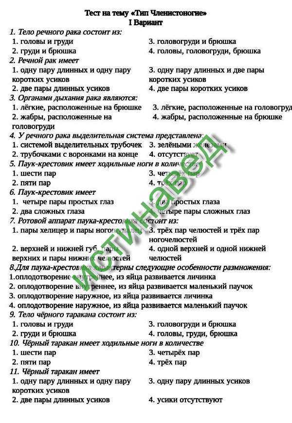Тест по биологии класс паукообразные 7 класс
