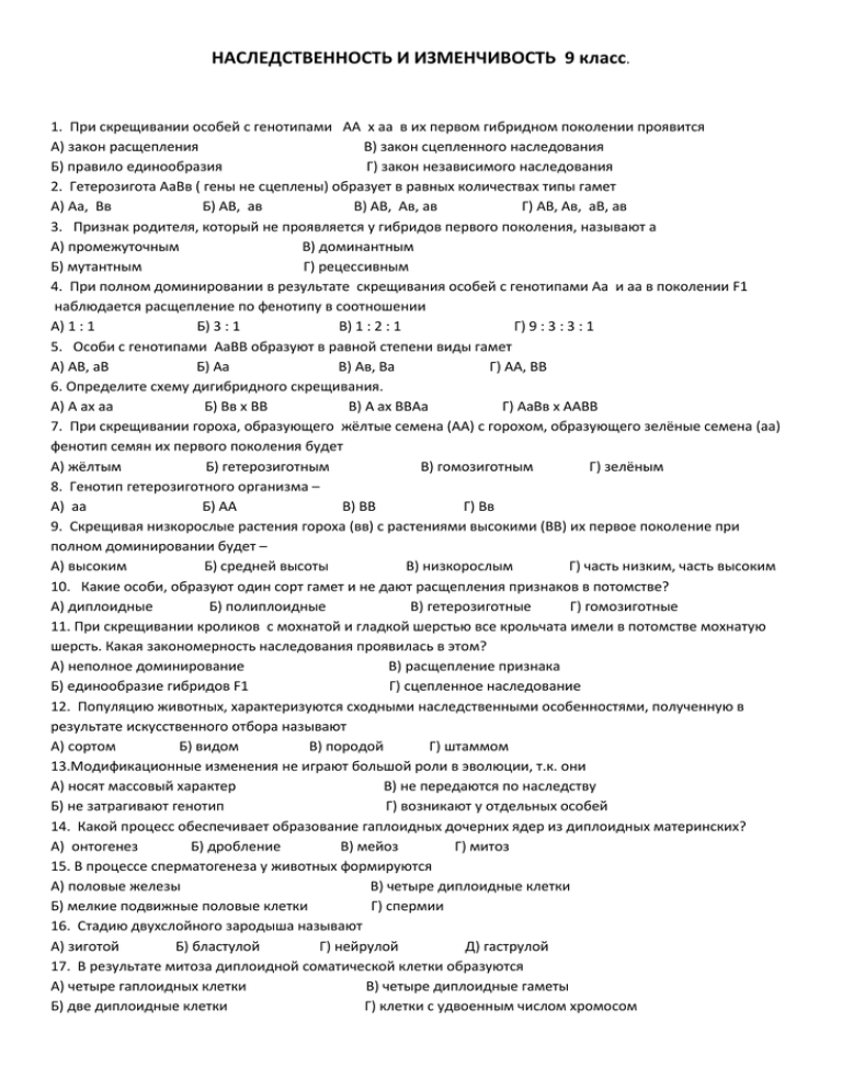 Всего 20 тестовых вопросов по теме Изменчивость для 9 класса, с ответами Тесты для подготовки к контрольным и зачётным работам в школе по биологии