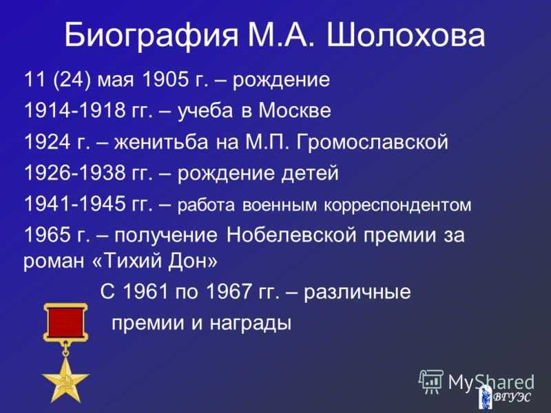 Михаил александрович шолохов план по биографии