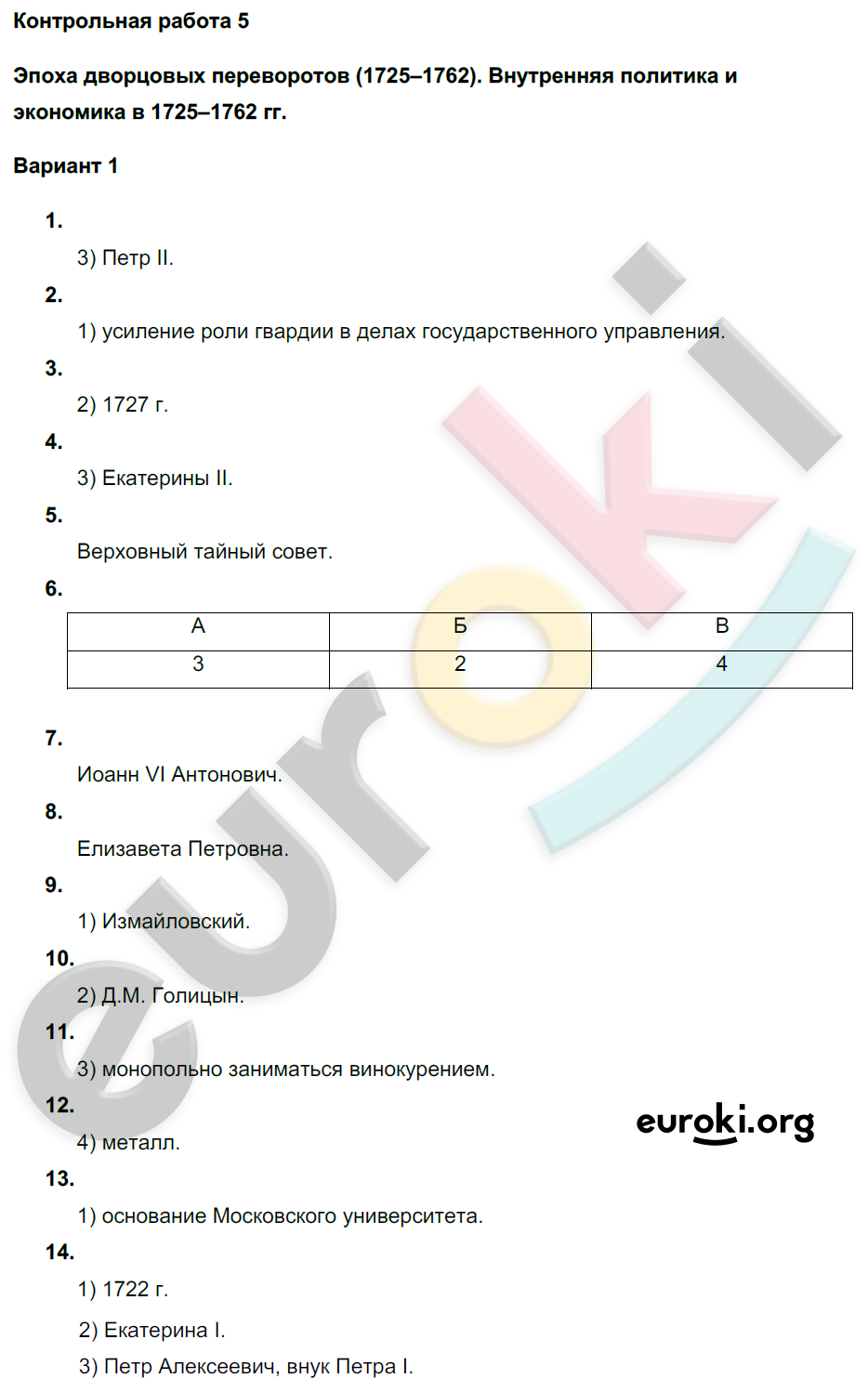 Эпоха дворцовых переворотов тест вариант 1