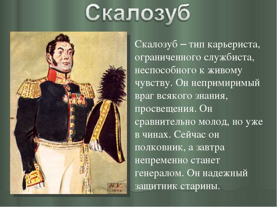 Одним из главных героев комедии Грибоедова Горе от ума является Скалозуб Сергей Сергеевич Всю свою жизнь он потратил на военную службу, дослужился до полковника и очень хочет стать генералом