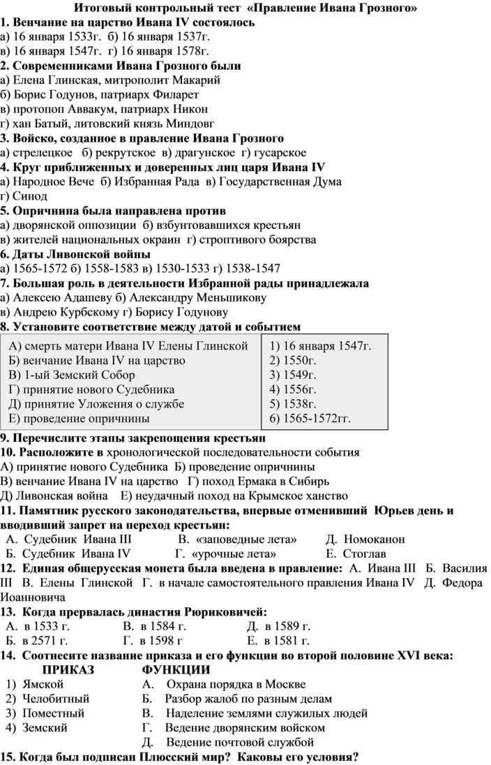 Тест по истории для 7 классов опричнина и тест на ивана грозного - тест по истории