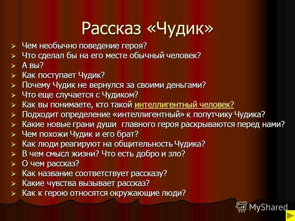 Центральной темой произведения является раскрытие конфликтного противостояния города и деревни, представленный в рассказе на примере образов основных персонажей в качестве деревенского жителя Василия Егоровича Князева, прозванного Чудиком